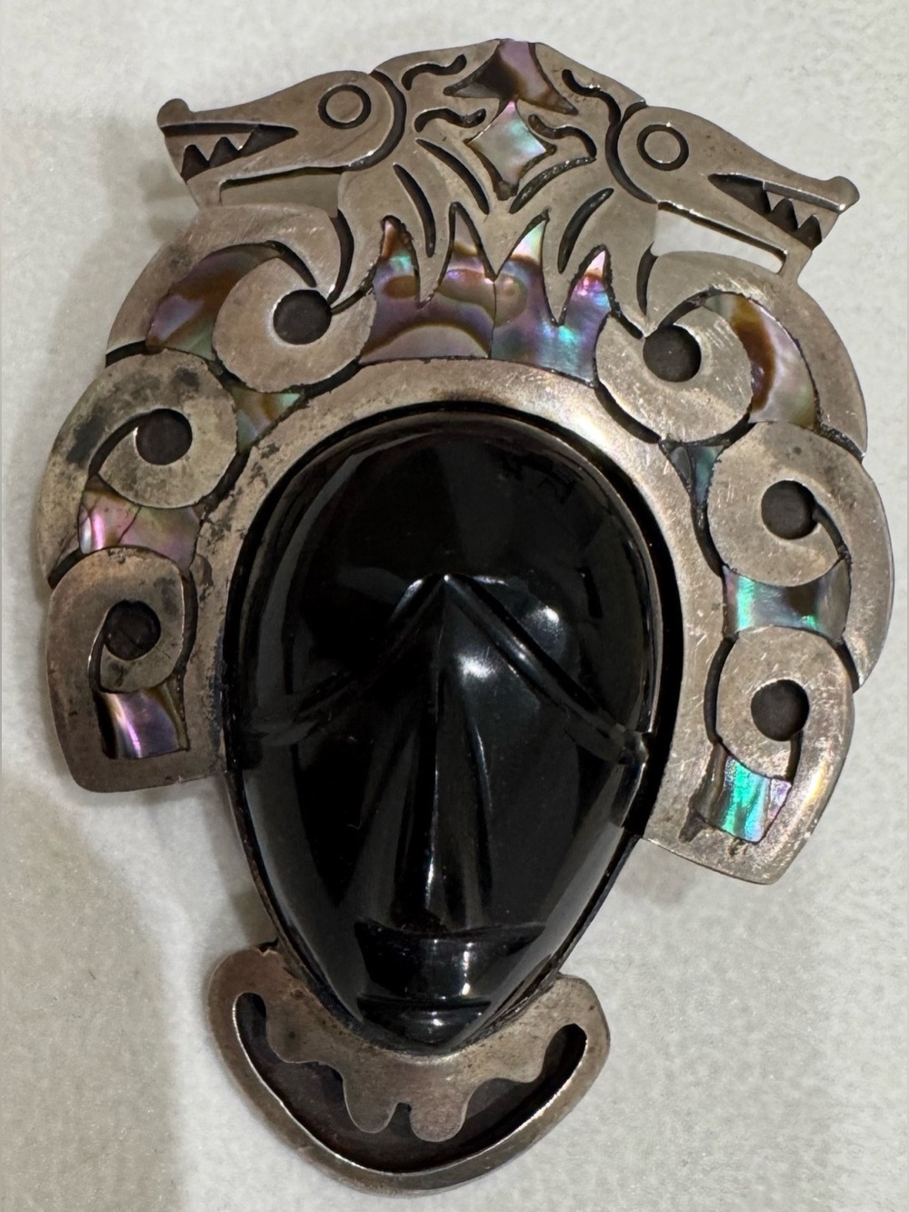 Vintage Mexican Sterling Silver Black Onyx & Abalone Aztec Mask Brooch Pin